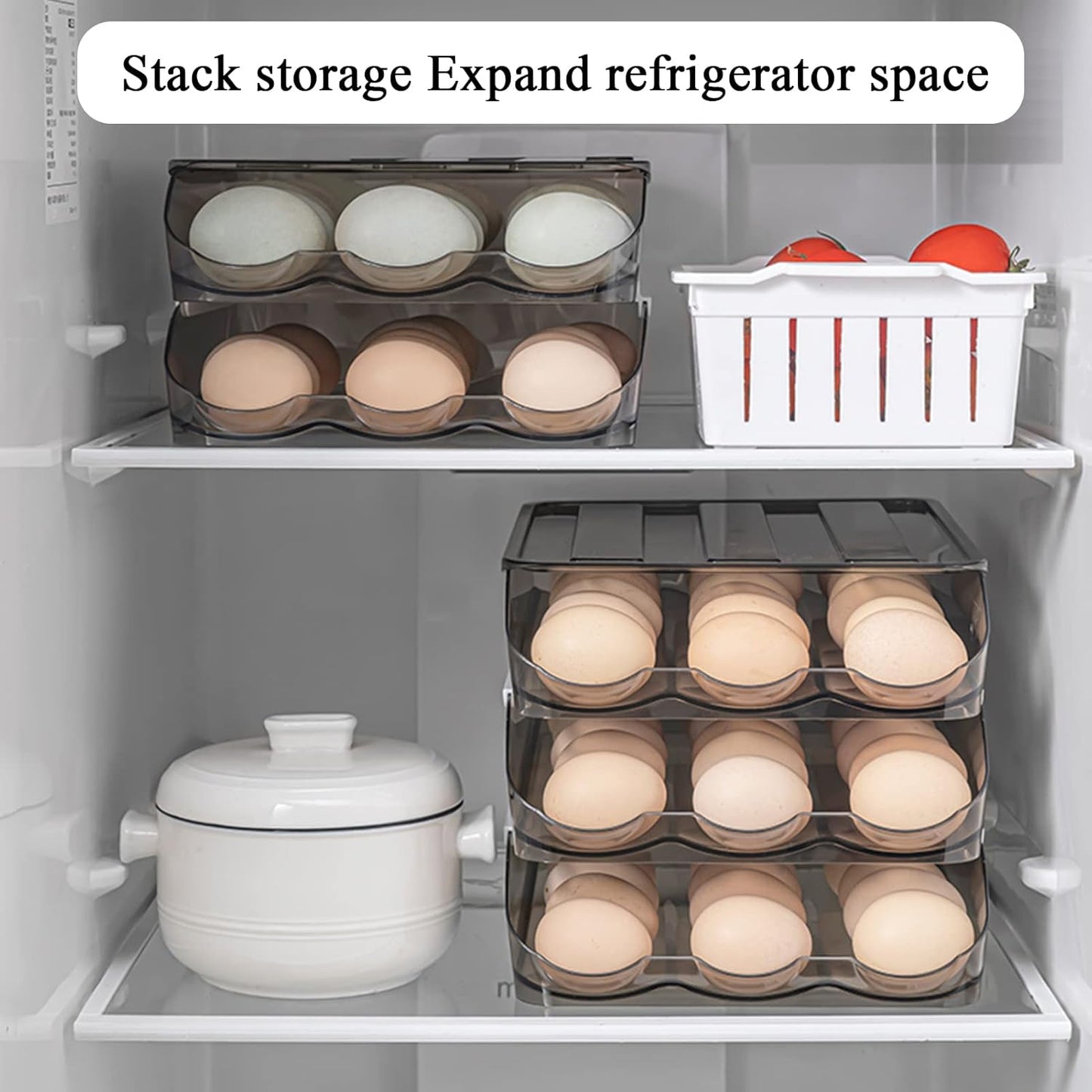 Egg Holder for Refrigerator Auto Scrolling Organizer Plastic Stackable Storage Container Reusable Clear Tray Box Basket Bin Lid Drawer Carrier Keeper(3 Layer)