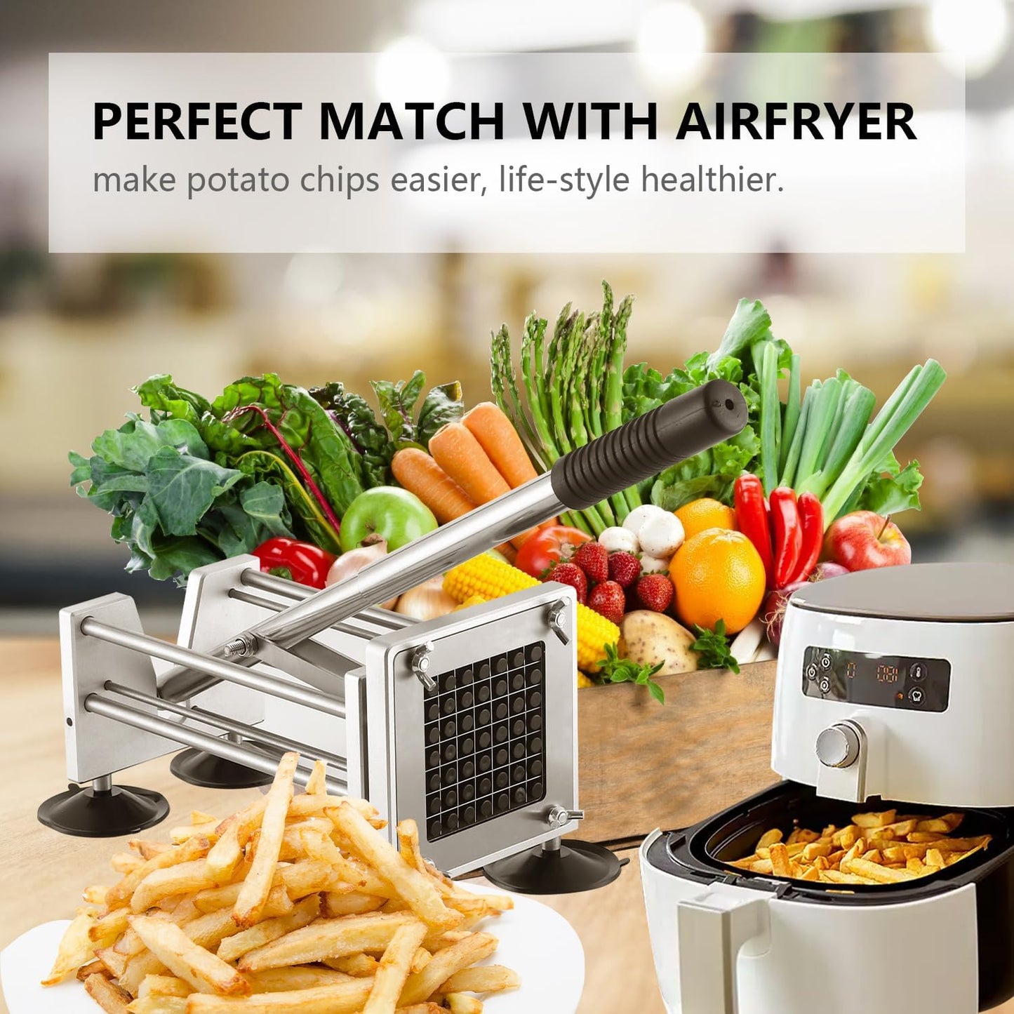 French Fry Cutter, Potato Slicer Fry Cutter with Detachable Handle， Stainless Steel Potato Cutter Includes 3/8",1/2" Blades with 4 Suction Feet for Potato, Carrot, Cucumbers