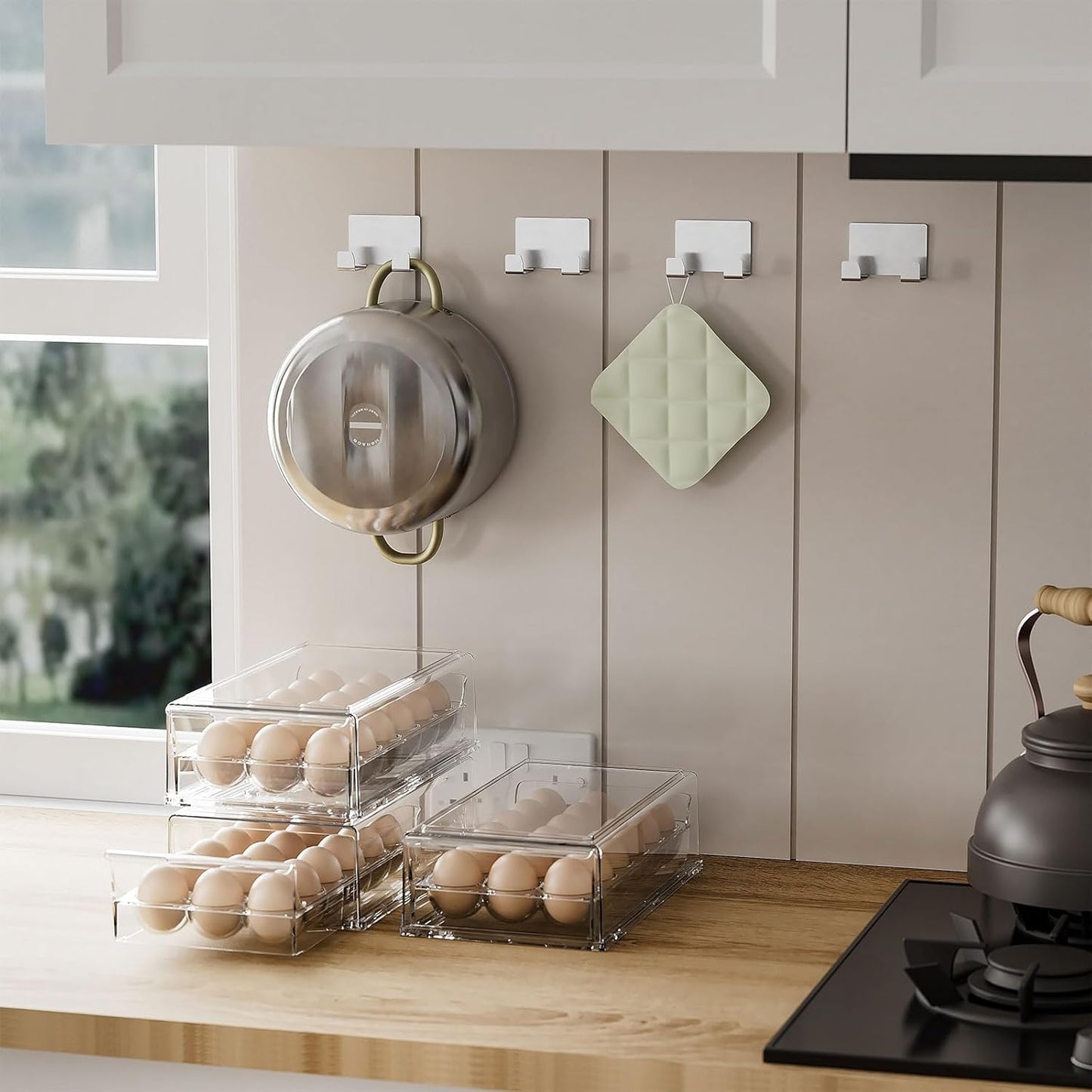 BPA Free Stackable Egg Container - 18 Egg Refrigerator Organizer with 2 Kitchen Hooks, Clear