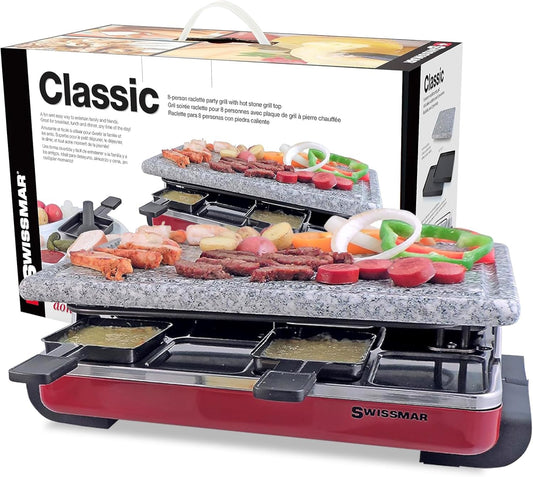 Swissmar Classic 8-Person Raclette Party Grill - Indoor Electric Grill & Griller with Granite Stone Grill Plate - Red