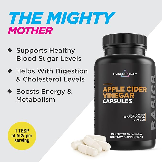 Livingood Daily Apple Cider Vinegar Capsules with The Mother (1500mg) - ACV Pills with Probiotics & Potassium for Women & Men - Supports Gut Health, Digestion, Appetite & Weight - Vegan, 90 Capsules
