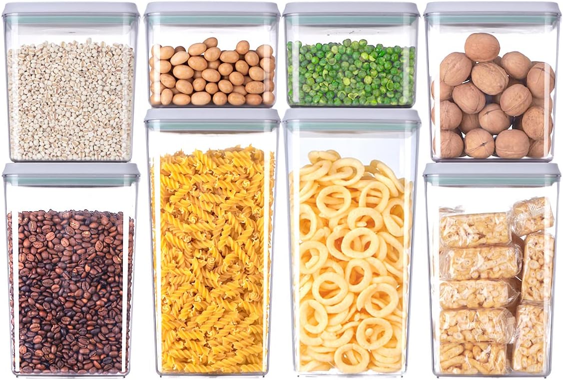 8-Piece Set of Pop Airtight Food Storage Containers with Lids Stackable Containers for Kitchen Pantry Organization Ideal for Cereal Snacks Flour Sugar Coffee and Spaghetti (1.2, 2.0, 2.7, 3.3qt)*2