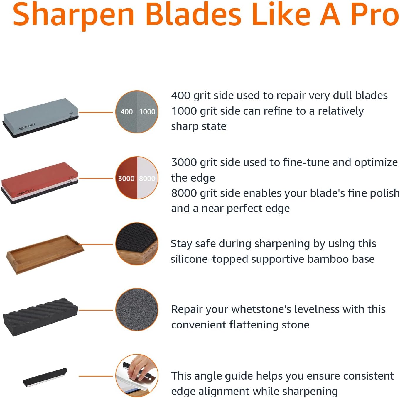 Amazon Basics Whetstone Knife Sharpening Wet Stone Dual Sided 400/1000 and 3000/8000 Grit Stones, Flattening Stone, and Non-Slip, Bamboo Base, 3 Count (Pack of 1), Black & Grey
