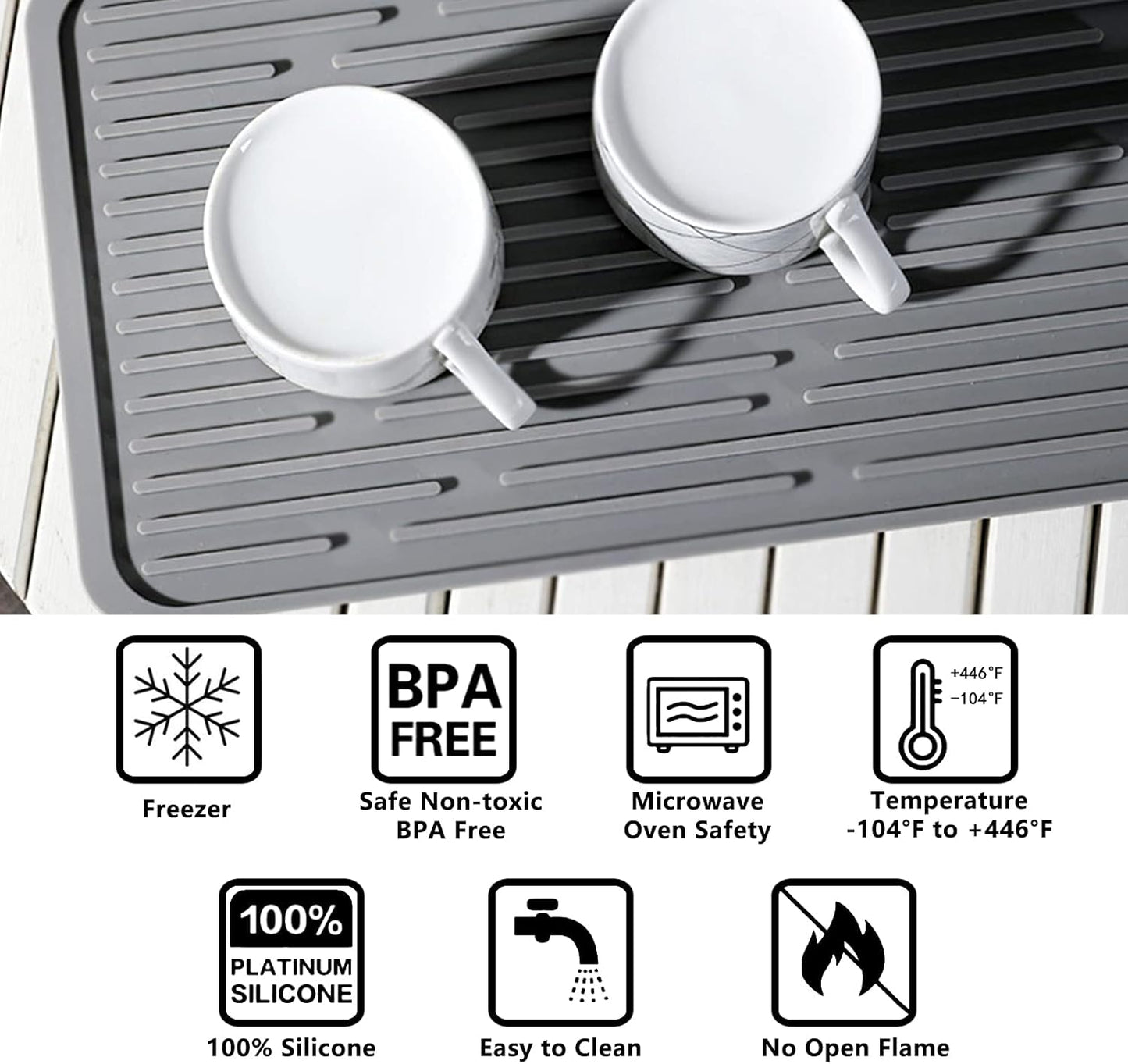 Dish Mat Silicone Dish Drying Mats Works For Drying Stemware Cocktail Glasses Silverware Pots Pans Knives and Dish Rack for Kitchen Counter Sink Bar Pads Easy to Clean (Gray)