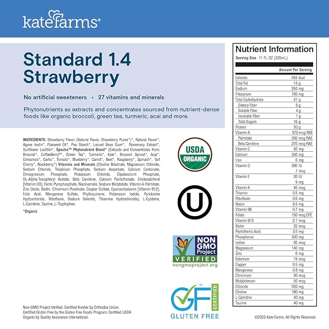 KATE FARMS Organic 1.4 High Calorie Nutrition Shake, Strawberry, 20g Protein, 27 Vitamins and Minerals, Meal Replacement, 11 oz (6 Pack)