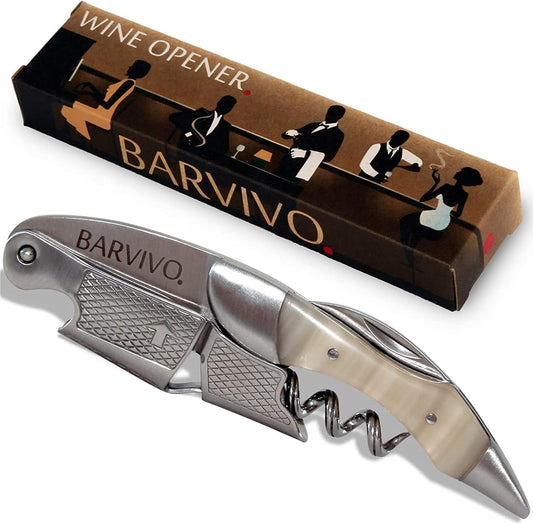 Barvivo Wine Opener with Foil Cutter and Cap Remover - Double Hinged Corkscrew for Bartenders - Stainless Steel Wine Key for Easy Bottle Opening - Manual Wine Bottle Opener - White Resin, 4.7x1.2-Inch