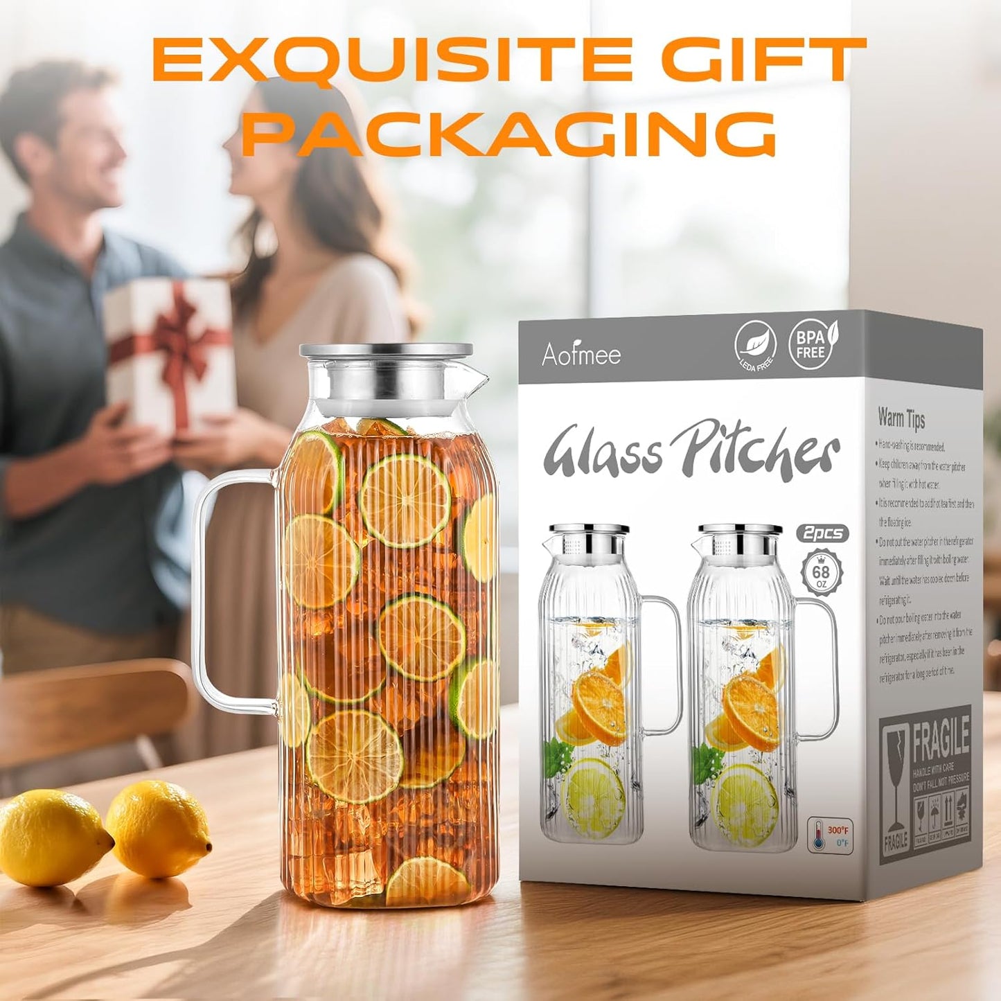 2 Liters/68oz 2 Pack Stripes Glass Pitcher with Lid and Handle for Bridge Door, Aofmee Borosilicate Glass Heat Resistant Dishwasher Safe Iced Tea Jar, Carafe with Scale Line for Hot/Cold Beverage