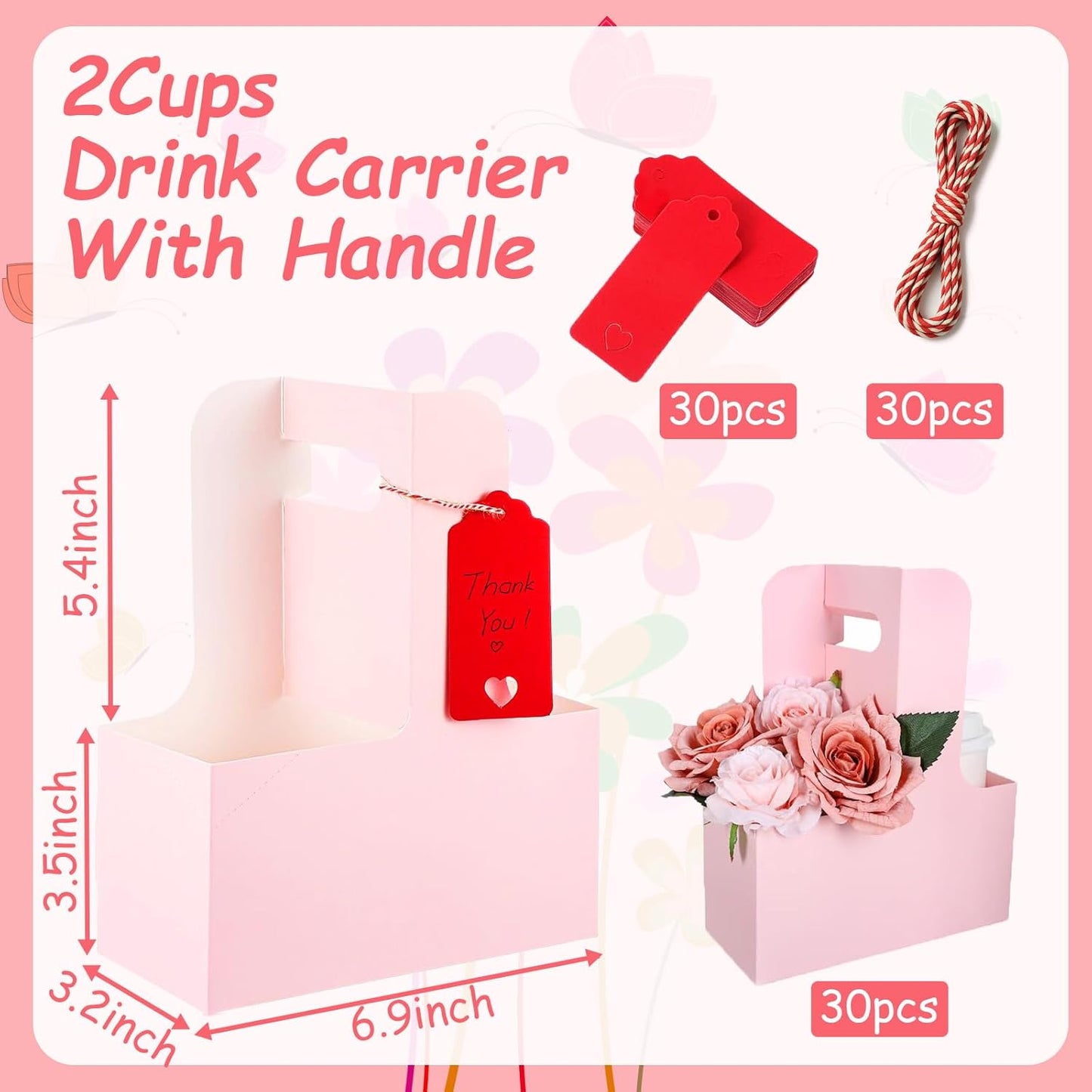 30 Pack 2 Cup Disposable Pink Drink Carrier with Handle Paperboard Coffee Cup Holder Portable for Hot Cold Drinks Food Delivery Services with Heart Card for Teacher Appreciation Week Mother's Day