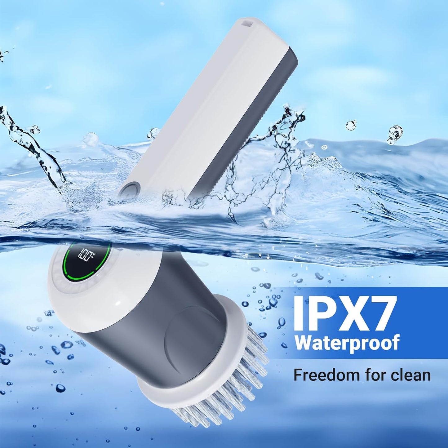 Electric Spin Scrubber, Cordless Shower Scrubber with Battery Level Display, 2 Speeds Electric Scrubber for Cleaning with 6 Replaceable Heads, Cleaning Brush for Bathroom/Sink/Window (Gray)