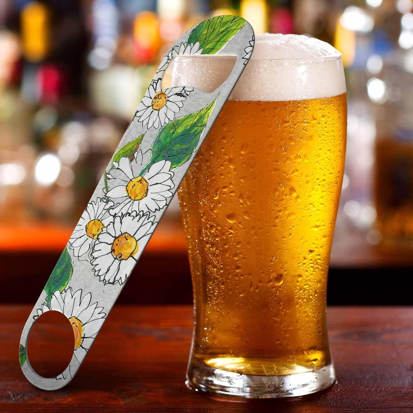 Daisy Flowers Stainless Steel Bottle Opener Watercolor Chamomile Floral with Green Leaf Bright Plant Flat Beer Bottle Opener Keychain for Home Kitchen Bar Restaurant Party Birthday Gift