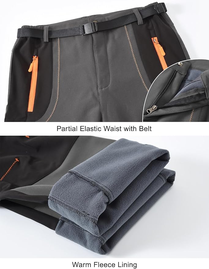 Rdruko Men's Snow Ski Pants Waterproof Insulated Winter Outdoor Snowboard Hiking Fleece Pants with Belt