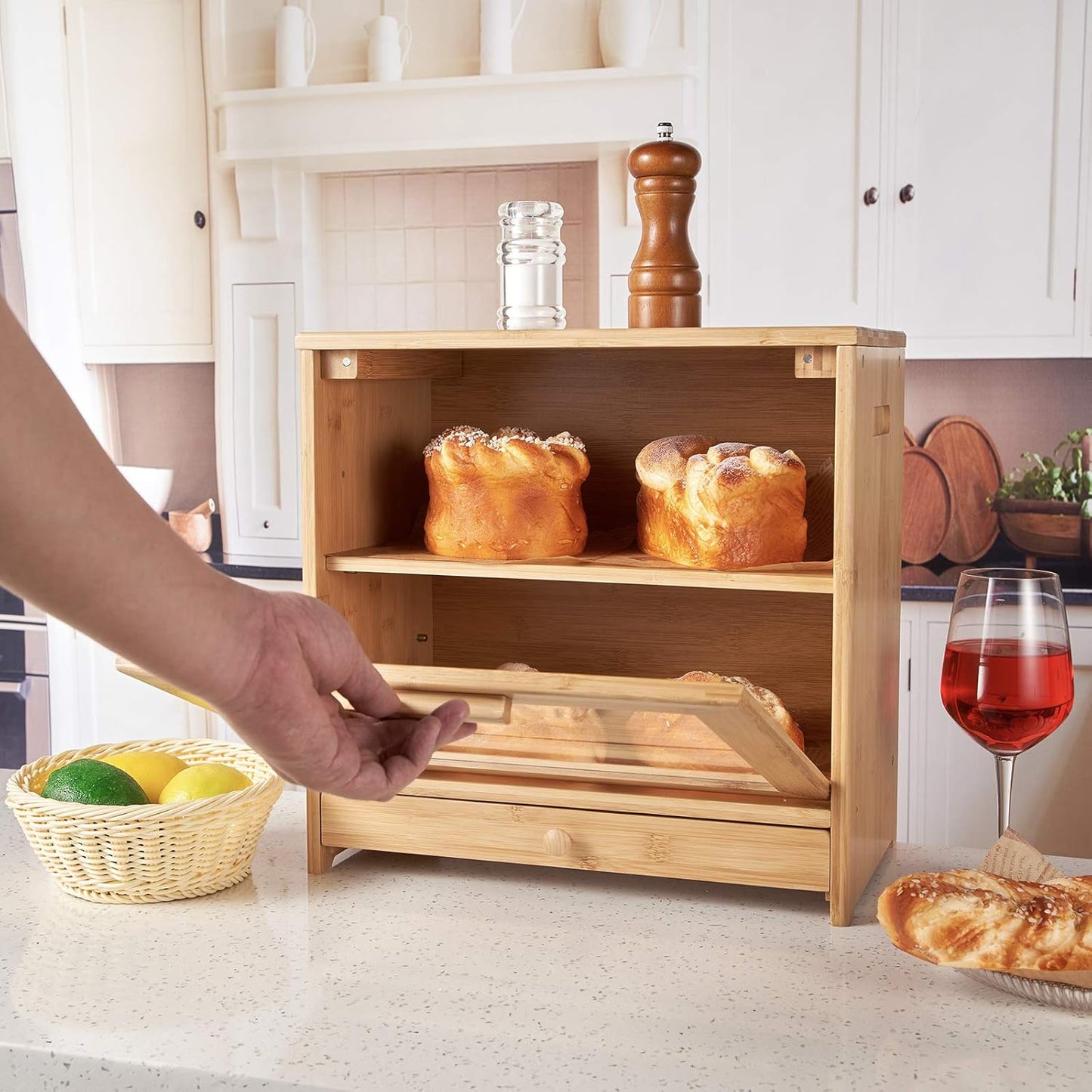 Large Bamboo Bread Box for Kitchen Countertop, Double Layer Bread Boxes for Kitchen Counter with Utensil Tray Drawer Organizer, Large Capacity Bread Storage Container