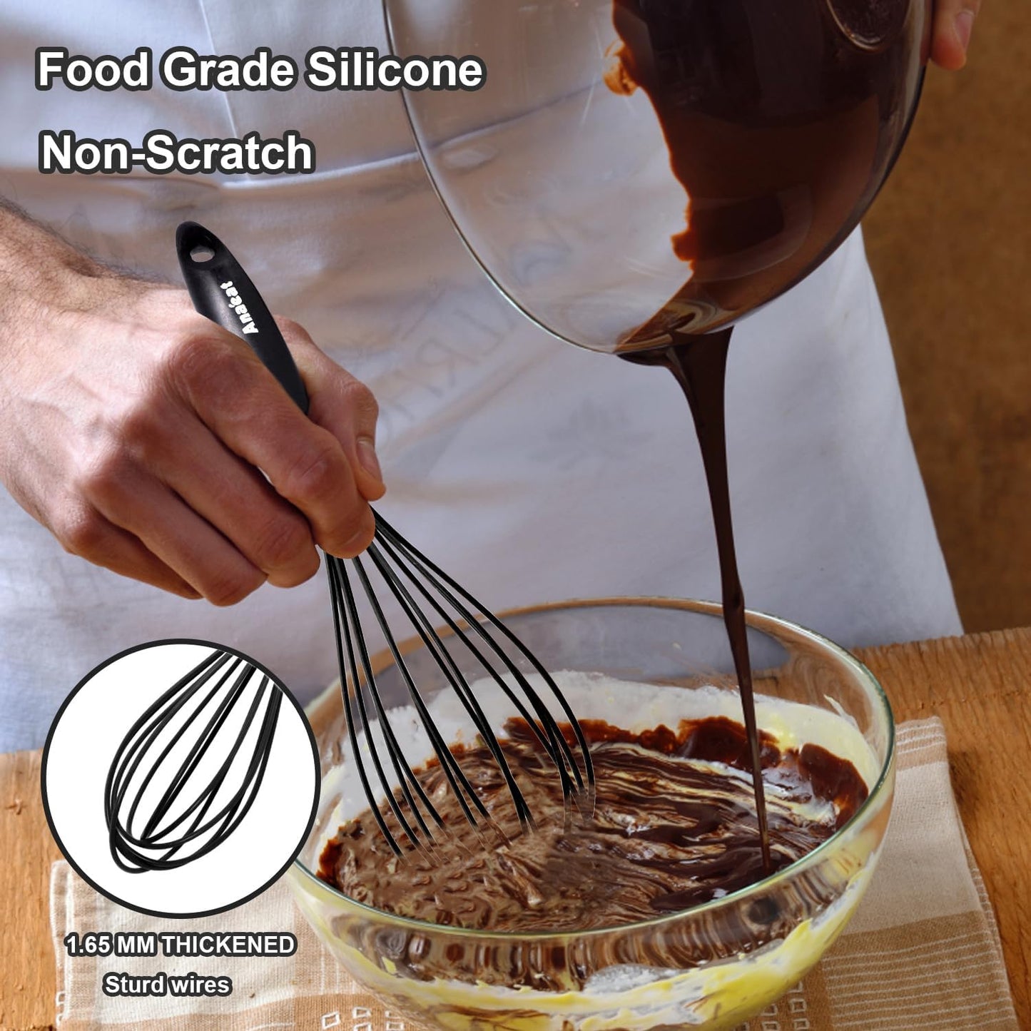 Anaeat Silicone Balloon Whisk, Perfect for Non-Stick Cookware, Milk and Egg Beater Blender, Heat Resistant Kitchen Whisks for Whisking, Cooking, Baking, Beating, Frothing & Stirring (Black)