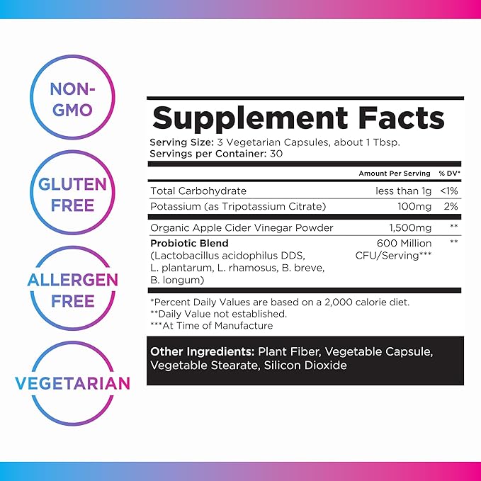 Livingood Daily Apple Cider Vinegar Capsules with The Mother (1500mg) - ACV Pills with Probiotics & Potassium for Women & Men - Supports Gut Health, Digestion, Appetite & Weight - Vegan, 90 Capsules