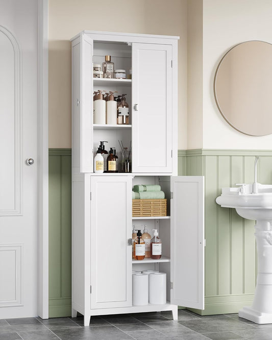 VASAGLE Floor Storage Cabinet, Freestanding Storage Unit with 4 Doors, Adjustable Shelves, 11.8 x 23.6 x 66.9 Inches, for Entryway, Bathroom, Cloud White UBBC550W01
