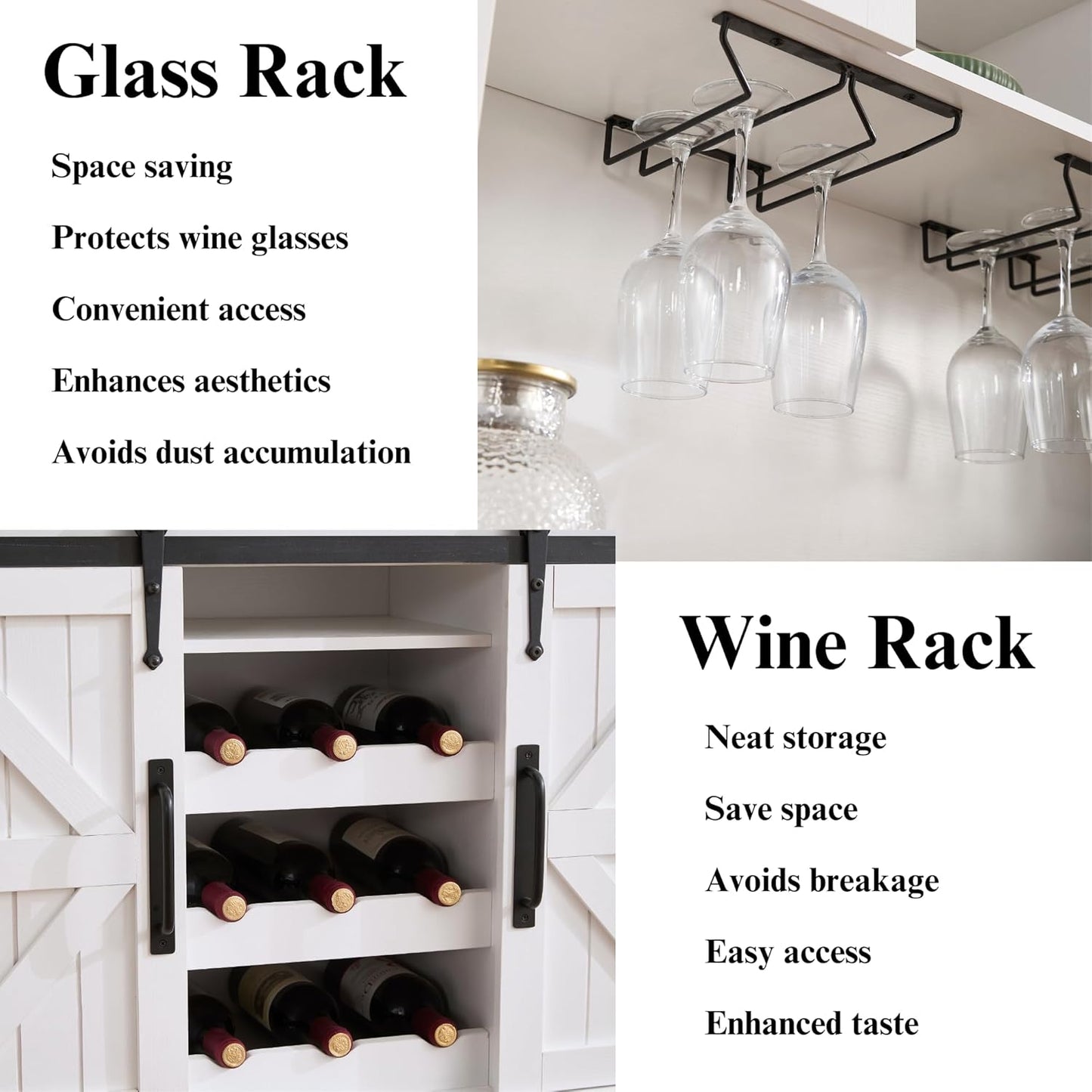 Coffee Bar Cabinet with Sliding Barn Doors 71'' Farmhouse Pantry Cabinet with Drawers & Wine Glass Rack Rustic Buffet Cabinet for Kitchen, White and Brown