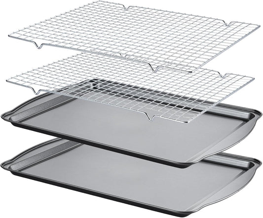 Baking Sheet with Cooling Racks - Carbon Steel Cookie Sheets for Baking [2 Sheets + 2 Racks], Nonstick Baking Pans, Perfect for Baking, Roasting, and More, Size 17 x 11 x 0.5 Inches