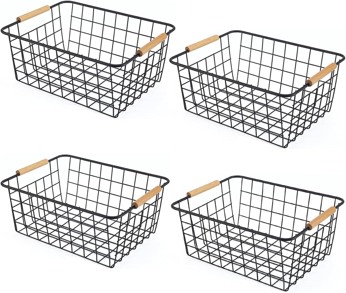 Wire Basket 4 Pcs Wire Storage Baskets Wire Baskets Organizing with Wooden Handles Wire Basket Pantry Organization and Storage Metal Wire Food Storage Basket for Kitchen, Cabinets (Black 4PCS)