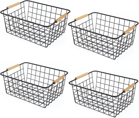 Wire Basket 4 Pcs Wire Storage Baskets Wire Baskets Organizing with Wooden Handles Wire Basket Pantry Organization and Storage Metal Wire Food Storage Basket for Kitchen, Cabinets (Black 4PCS)