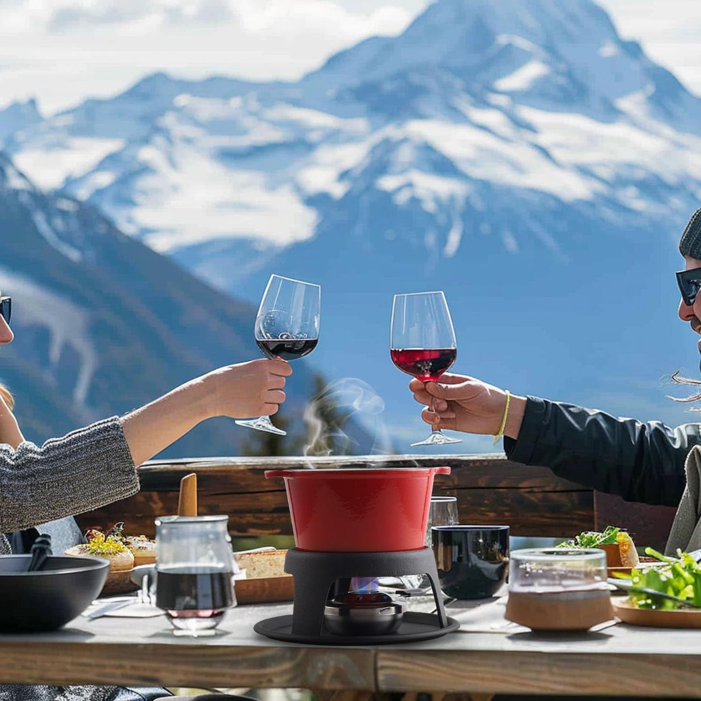 Artestia Cast Iron Cheese Fondue Pot for Chocolate Fondue Pot Swiss Fondue Set for Camping Outdoor with 6 Fondues Forks, 11-Piece Cheese Fondue Sets Serve 6 Persons (Red)