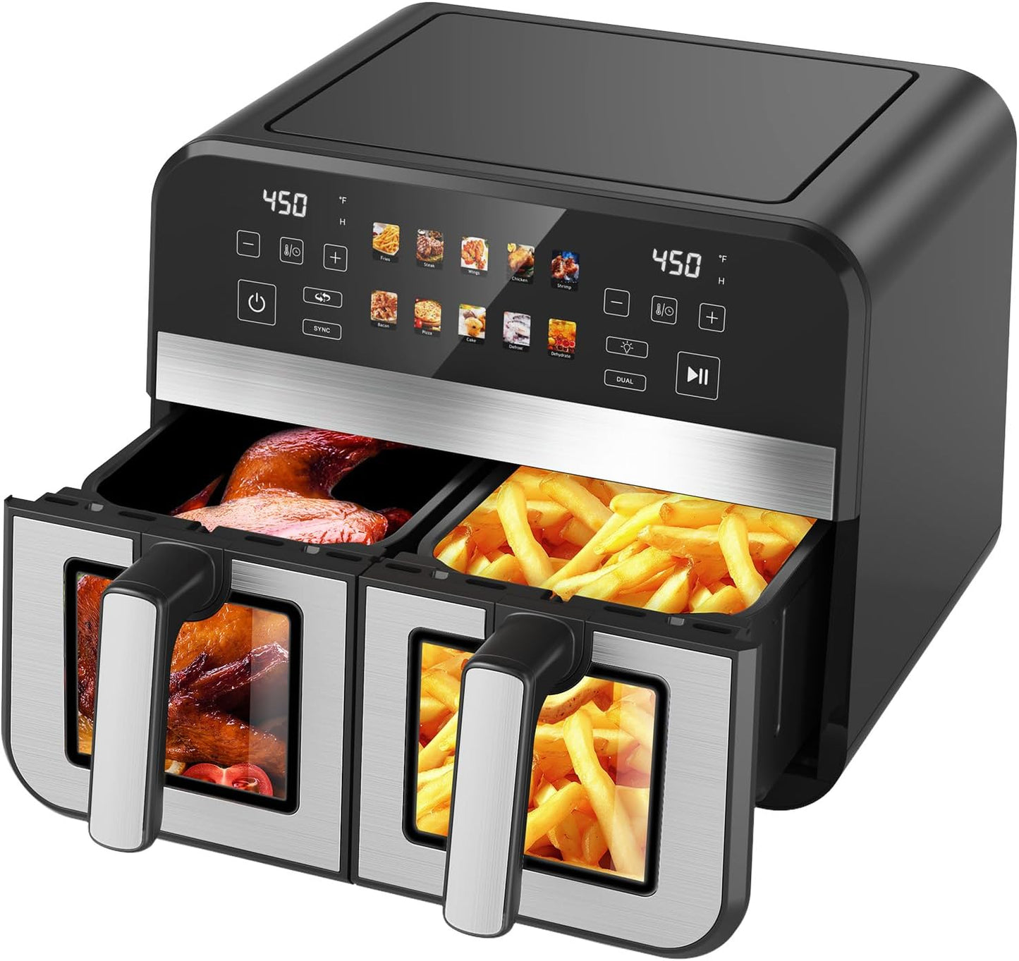10QT Dual Basket Air Fryer, 12-in-1 Digital Air Fryer Oven with Visible Windows, 5QT x 2 Drawers, One-Touch LED Panel, Sync Finish, Dehydrate, Defrost, Roast, Bake, Reheat, Nonstick & Dishwasher Safe