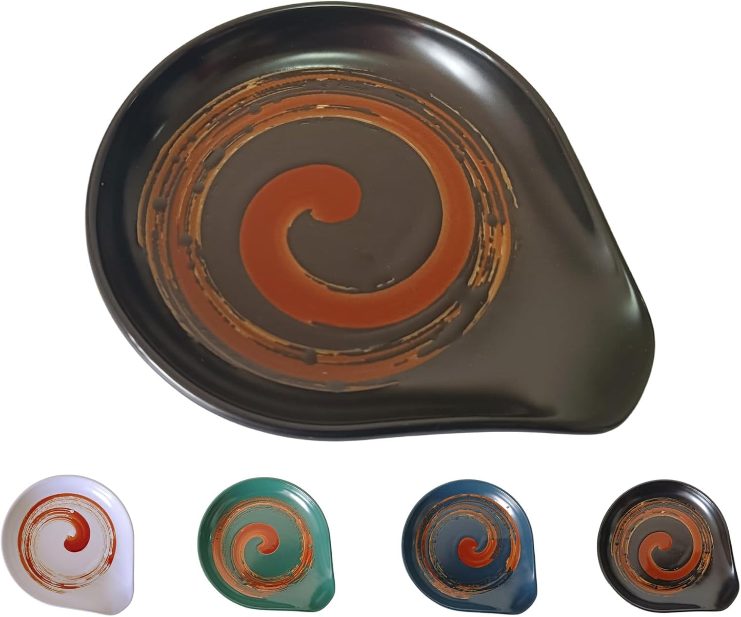 Ceramic Spoon Rest for Stove Top, Hand Painted Brown Swirl Spoon Rest for Kitchen Counter, Retro Cooking Spoon Holder for Kitchen Counter, Utensil Rest for Spatula Ladle or Tong (Matte Black)