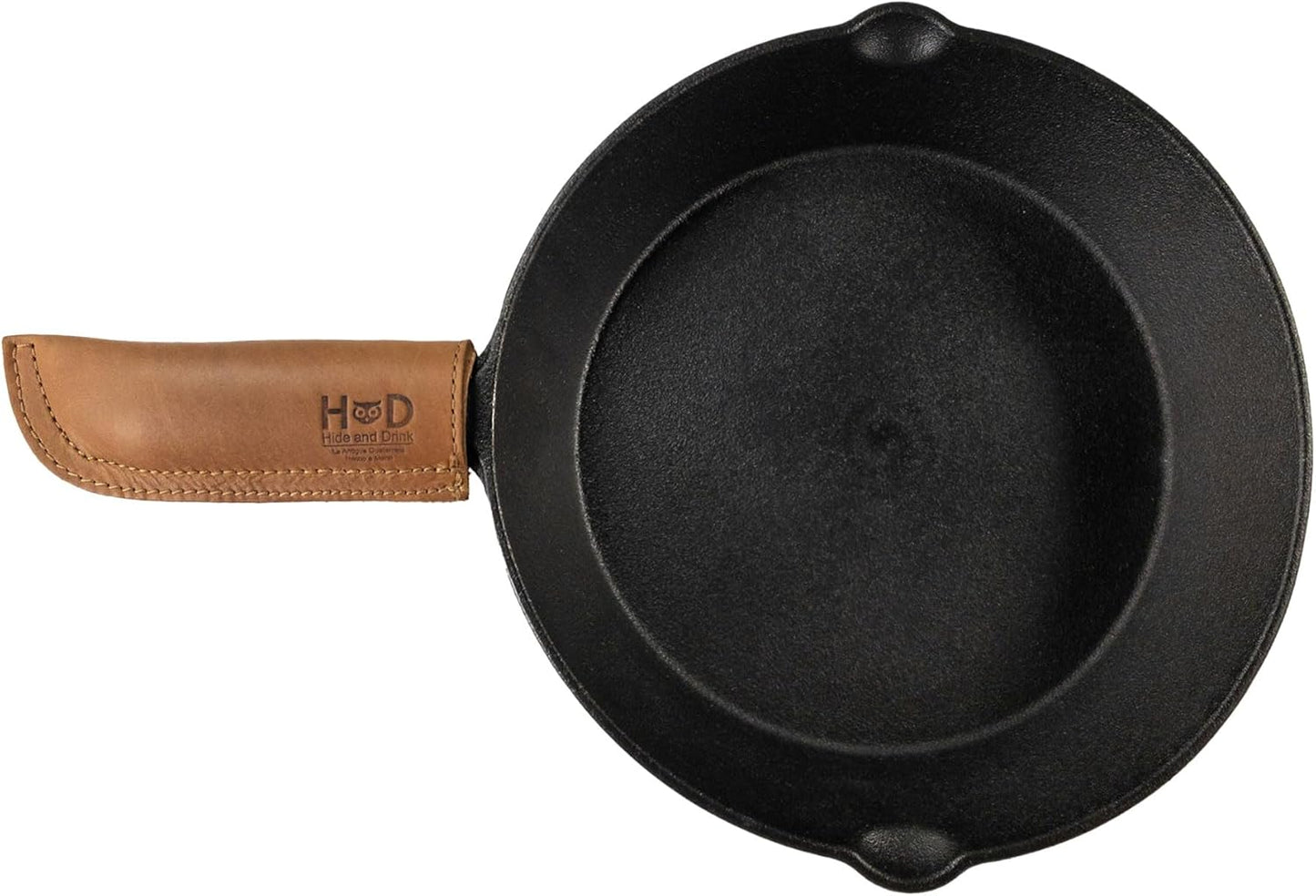 Hide & Drink, Hot Handle, Cast Iron Protector, Panhandle Potholder, Double Layered, Double Stitched, Slides On/Off Easily onto Metal Skillet Grips, Full Grain Leather, Handmade (Cafe Con Leche)