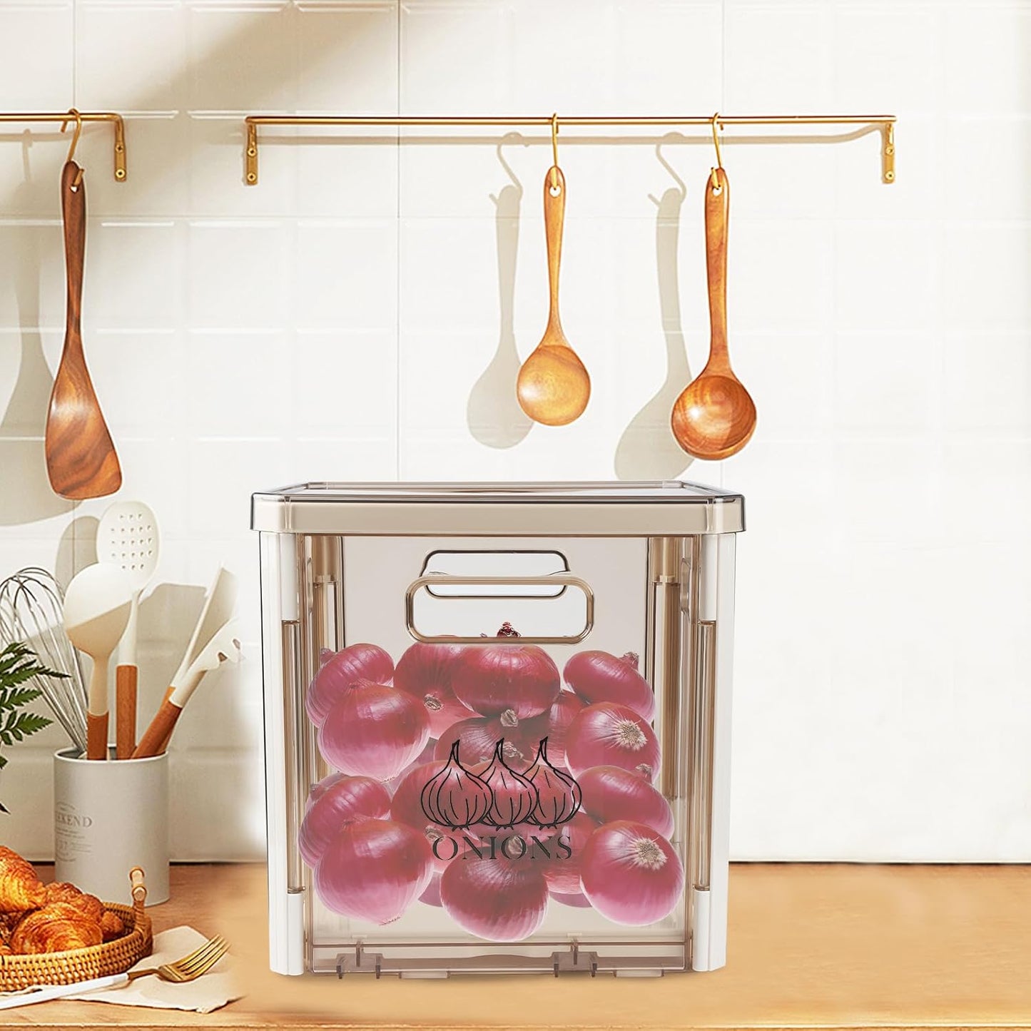 Onion and Potato Storage Container With Lid and Handle, Stackable Plastic Bin for Kitchen Organizers, BPA Free