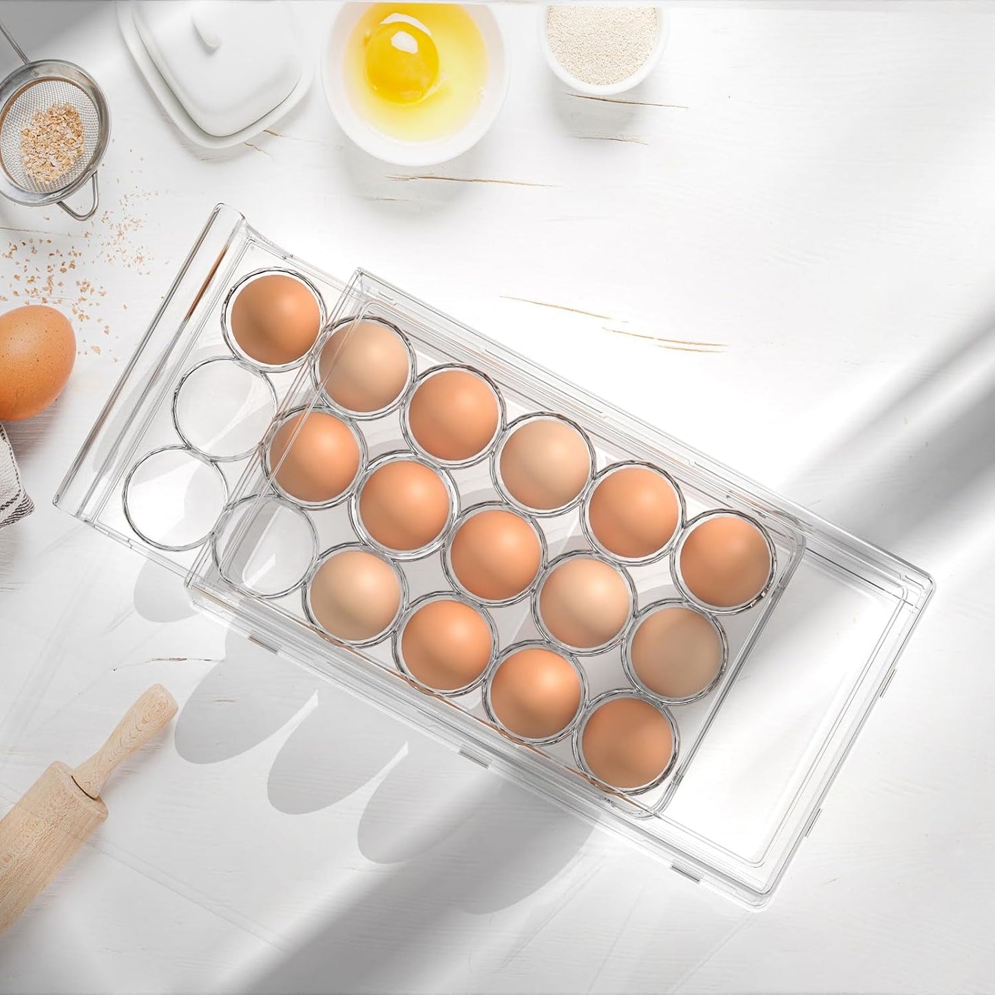 BPA Free Stackable Egg Container - 18 Egg Refrigerator Organizer with 2 Kitchen Hooks, Clear