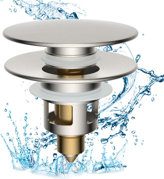 Hibbent All Metal 2 in 1 Bathroom Sink Stopper, Universal Pop Up Drain Strainer, Brass Bullet Core Push Type Sink Stopper for 1.1''~2.3'' Basin, Big Push Button, Anti Clogging Filter, Brushed Nickel