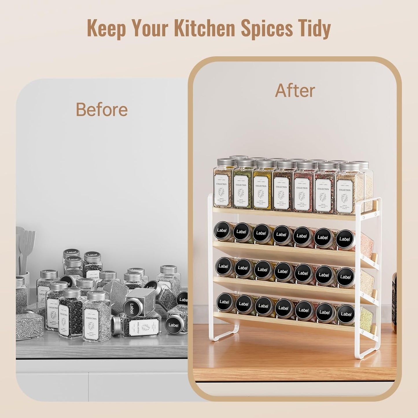 MUDEELA 4 Tier Spice Rack Organizer for Cabinet,Wooden Vertical Spice Shelf, Seasoning Organizer for Countertop, Kitchen, Pantry, Freestanding, 13.4" W × 11.2" H (No Jars Included), White