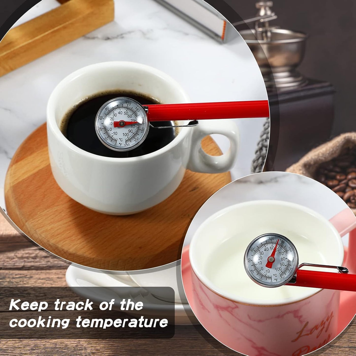 Xuhal 12 Pcs Stainless Steel Kitchen Thermometer with 5 Inch Long Stem 1 Inch Dial Thermometer Milk Frothing Food for Oven Probe Meat Grill BBQ Cooking Chocolate Water (Red)