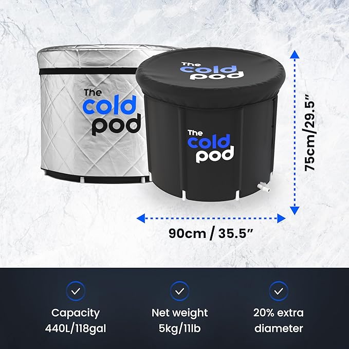 The Cold Pod Insulated XL Cold Plunge Tub Bundle - 116 Gal Ice Bath Round Tubs with Energy Saving Multi-Layer Cover - Chiller Compatible&Silver Reflective