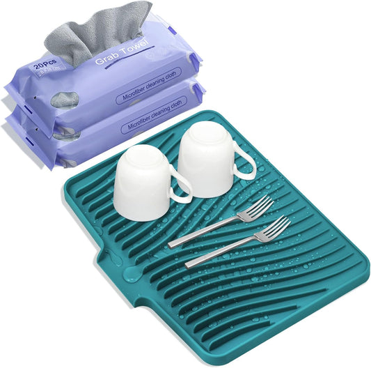 Silicone Dish Drying Mat, Stone Drying Mat for Kitchen Counter with Built-in Drain, Non-Slip 15.8" X 13" Drying Matt Kitchen Counter and Grey Microfiber Cleaning Cloth, Cleaning Rags Set(Green)