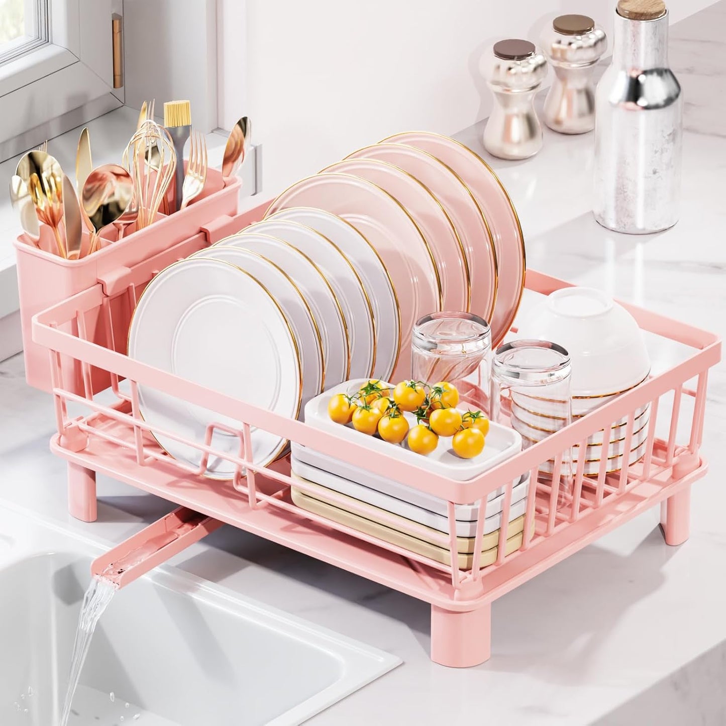 Dish Drying Rack for Kitchen Counter, Stainless Steel Drainer Anti Rust, Smart Drainage System Drainboard with Detachable Cutlery Holder, Handwash Dish Helper for Home, Apartment Space Saving