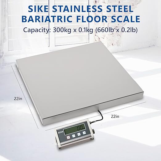SIKE EPS660 Bariatric Floor Scale with Extra-Large Platform, SIKE Digital Postal Shipping Scale, 660 x 0.2lb(300kg x 0.1kg), 22" x 22" Platform, Stainless Steel, Heavy Duty