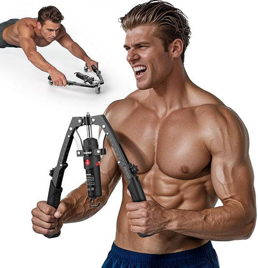 FLYBIRD Chest & Arm Twister Trainer, Hydraulic Power Chest Press Machine 22-440lbs for Upper Body Strength Training, 2-in-1 Chest Trainer with Ab Roller Wheel (Backpack & Pad Included)