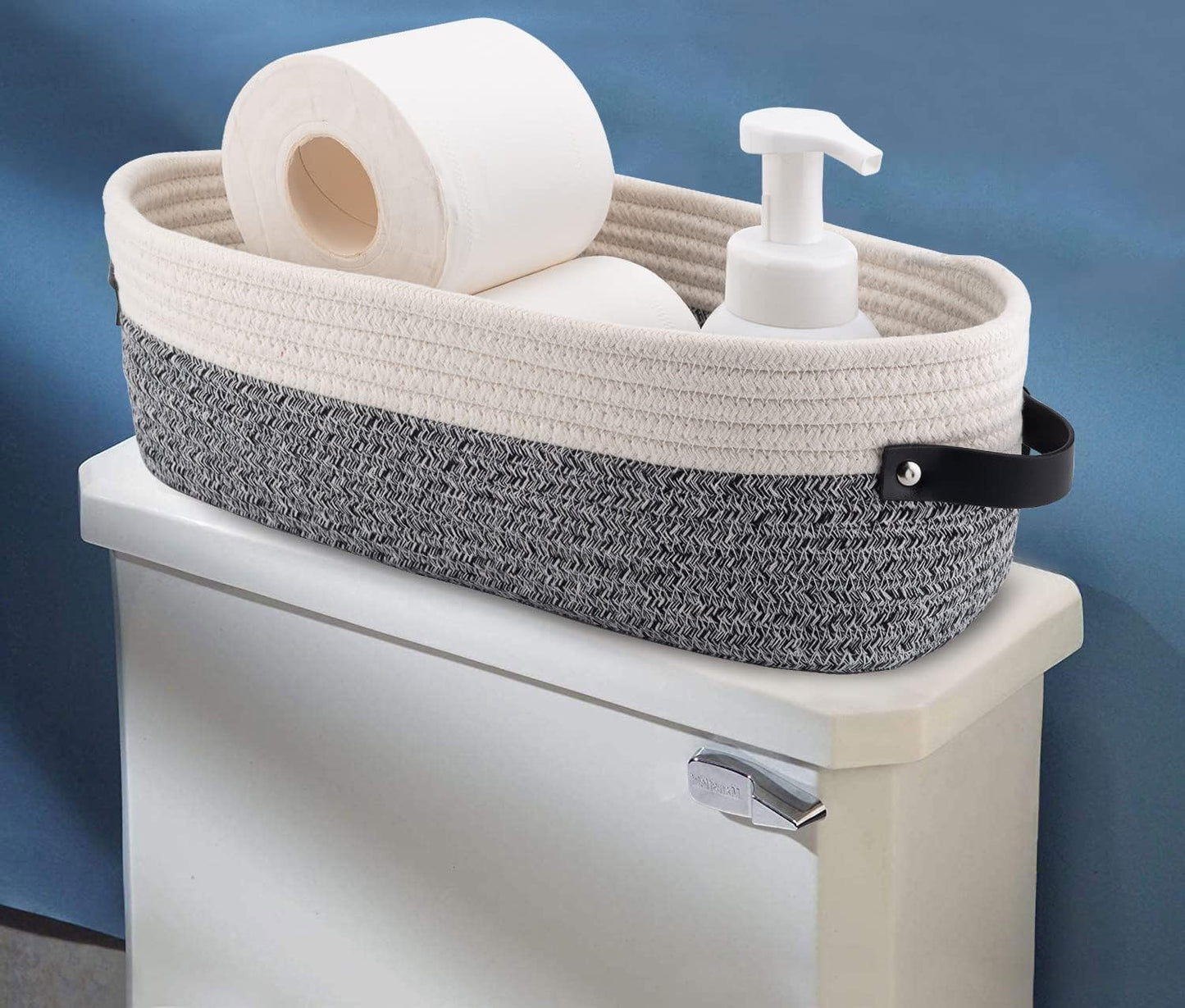 2 Pack Small Cotton Rope Woven Basket Toilet Paper Baskets for Organizing Decorative Basket for Boho Decor Small Storage Basket 13"x5.9"x4" Variegated Gray&White