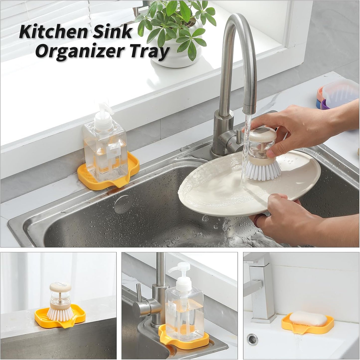 Silicone Bathroom Soap Dishes with Drain Spout-Bathroom and Kitchen Sink Organizer,Sponge Holder,Dish Soap Tray,Perfect for Dispenser,Scrubber,Bottle,Cup on Sink or Counter-Yellow 4.9"×3.2"