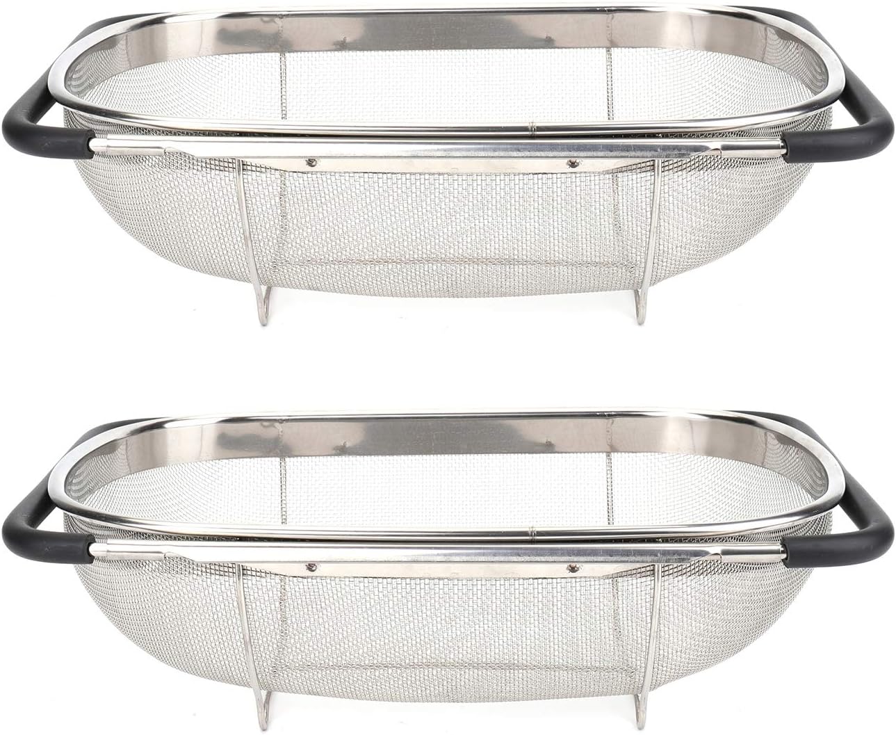 Suwimut 2 Pack Over the Sink Oval Colander for Kitchen, Stainless Steel Fine Mesh 6 Quart Strainer Basket with Expandable Rubber Grip Handles for Straining, Draining, Rinsing Fruits, Vegetables