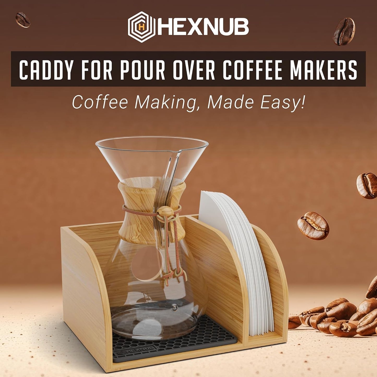 HEXNUB – Caddy for Pour Over Coffee Makers, Bamboo Stand fits Chemex, Bodum, Cosori Carafes, Heatproof Mat, Filter Holder for Coffee Brewing - Black Mat
