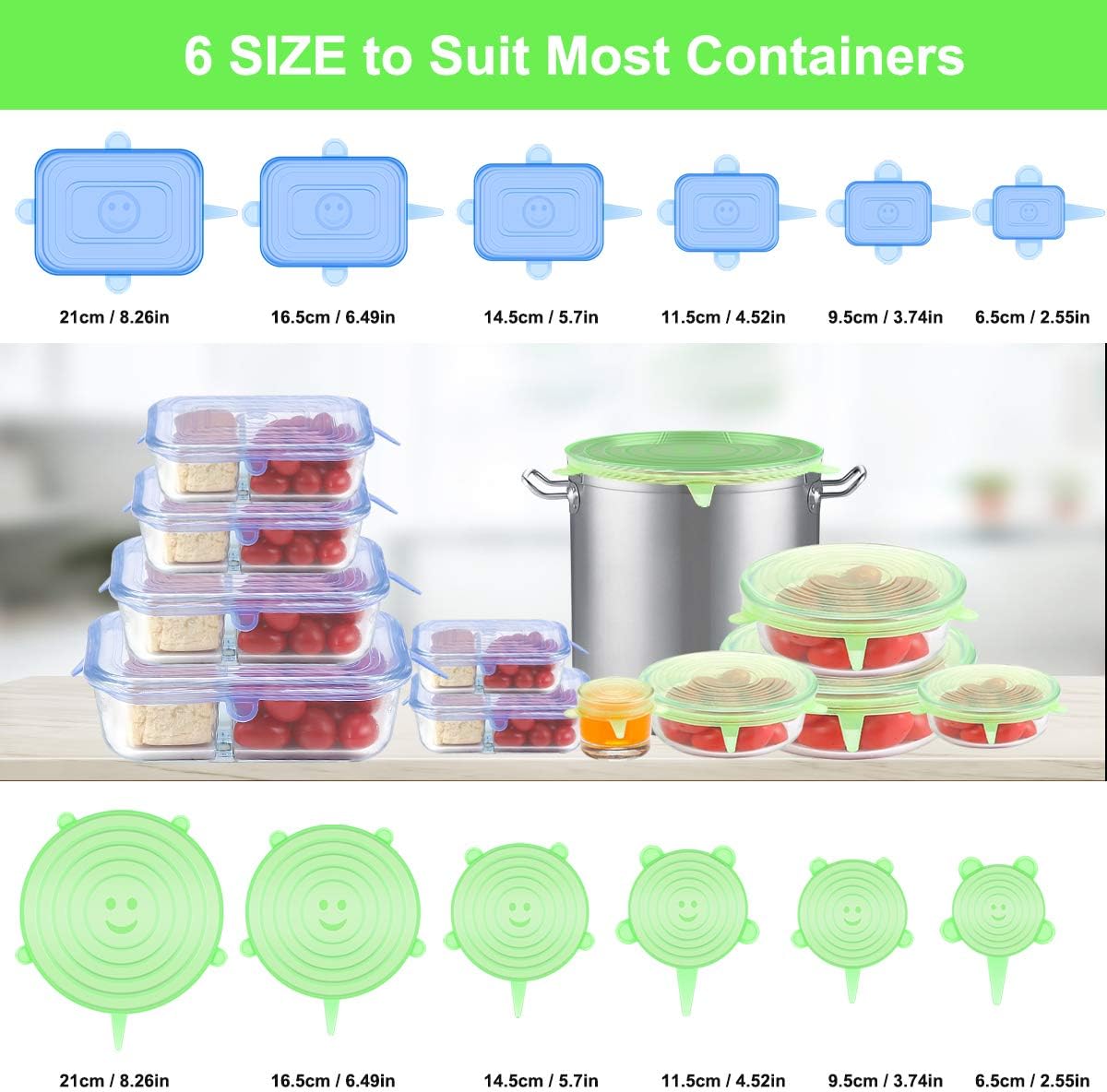 Silicone Stretch Lids, 12 Pack Silicone Lids, 6 Sizes BPA-free Silicone Bowl Covers Reusable for Cups, Bowls and Dish, Flexible, Round and Rectangle Fit 2.8” - 8.2” Container, Green & Blue