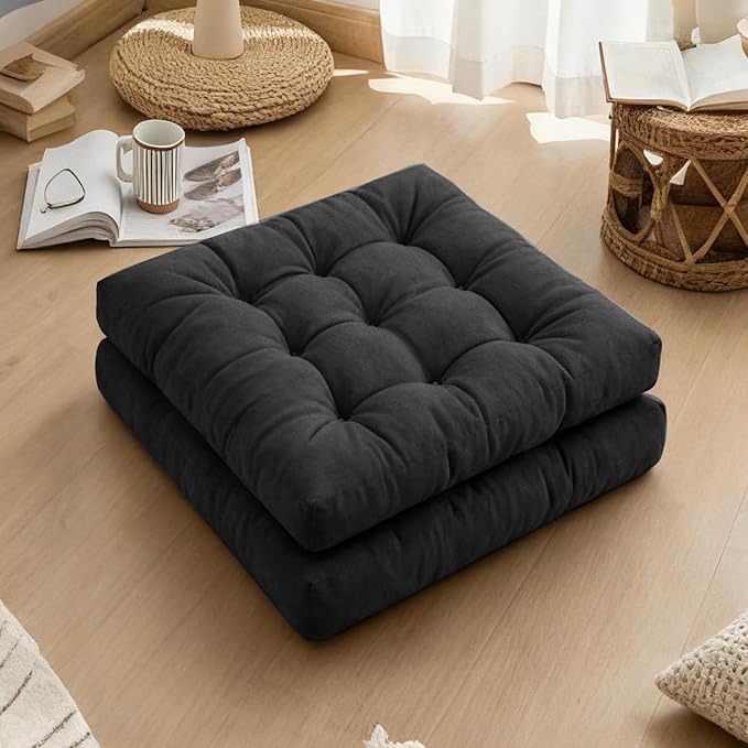 Tiita Square Floor Pillow, Thicken Tufted Seat Cushion, Floor Cushion for Yoga Meditation Living Room Balcony Office Outdoor, Set of 2, 22x22 Inch, Black