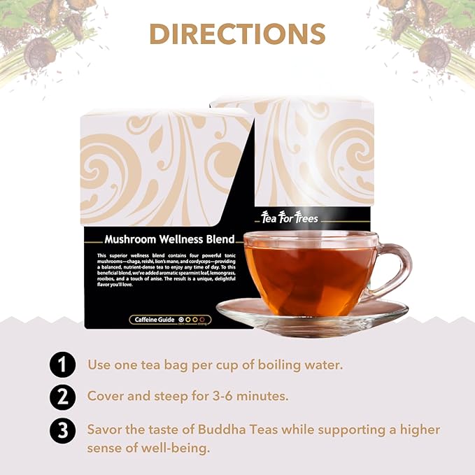 Buddha Teas - Organic Mushroom Wellness Blend - Herbal Tea - For Health & Wellbeing - With Antioxidants & Minerals - Clean Ingredients - Caffeine Free - OU Kosher & Non-GMO - 18 Tea Bags (Pack of 1).