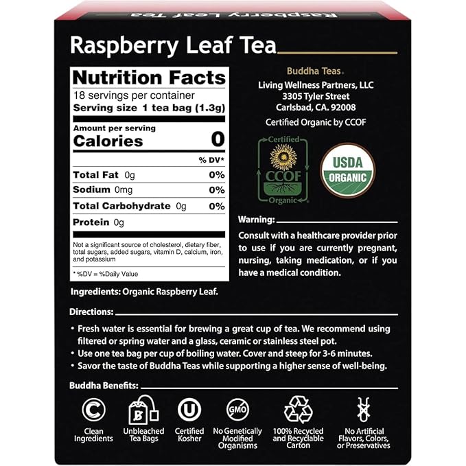 Buddha Teas - Organic Raspberry Leaf Tea - Herbal Tea - For Health & Wellbeing - With Vitamins, Antioxidants & Calcium - Clean Ingredients - Caffeine Free - OU Kosher - 18 Tea Bags (Pack of 1)