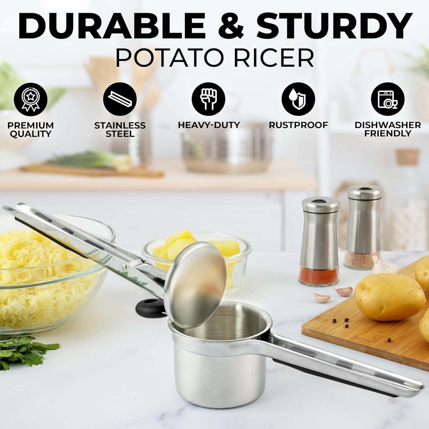 Zulay Kitchen Premium Large 15oz Potato Ricer, Heavy Duty Professional Stainless Steel Potato Masher and Ricer Kitchen Tool, Press and Mash Kitchen Gadget - Silver/Black