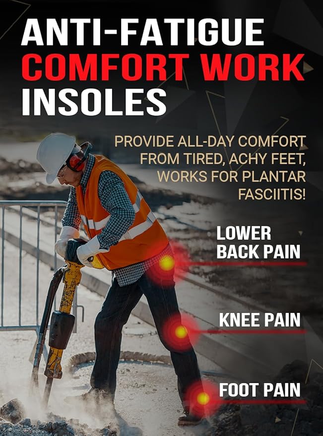 Work Pro Comfort Insoles - Shock Absorption - Low Arch - Cushioning Anti Fatigue Shoe Insert Men Women - Non-Slip - Soft Comfortable Work Boot Insoles - Foot Pain Relief (XL, Black)