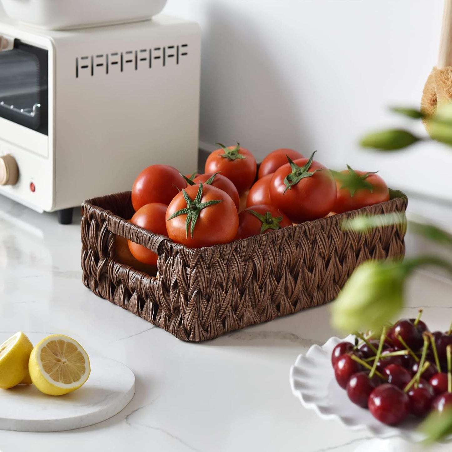 GRANNY SAYS Wicker Baskets with Handles,Small Woven Basket for Storage, Waterproof Storage Basket Organizer,Decorative Storage Boxes for Organing Pantry,Brown Basket,2-Pack,11 1/4''L x 7 1/2''W x 3 1/2''H