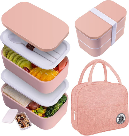Bento Box with Lunch Bag Microwavable All-in-One Meal Prep Compartment Lunch Containers with Utensils Leak Resistant Lunch Box with Sauce Container 60oz Pink