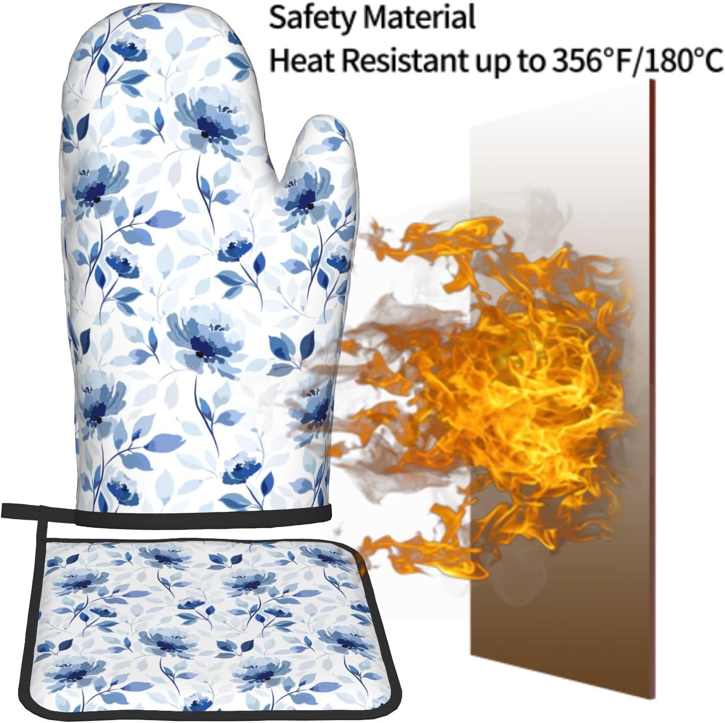 Blue Floral Oven Mitts Pot Holders Set of 2 Watercolor Leaves Heat Resistant Kitchen Mittens Potholders for Chef Baking Cooking Grilling